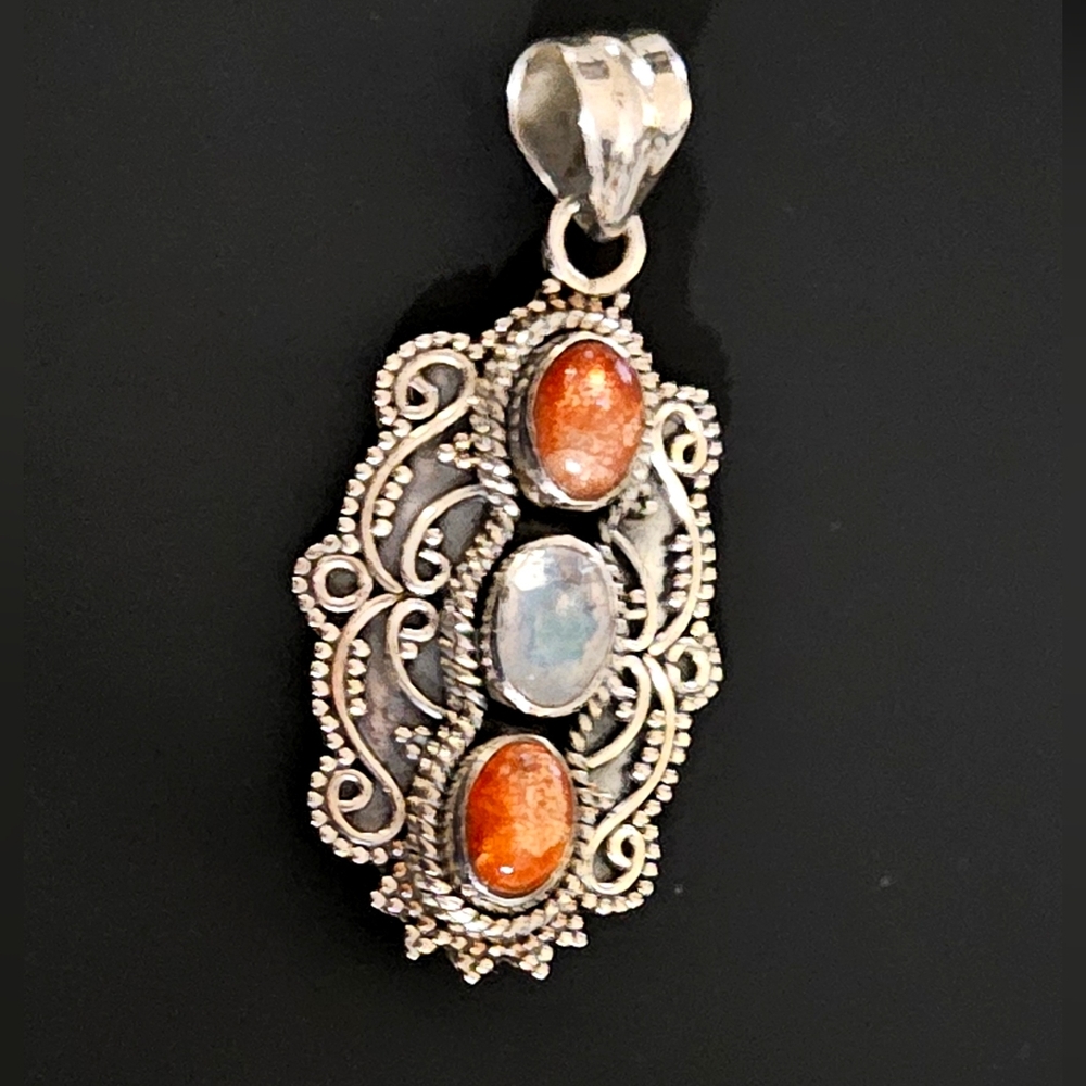 Necklace Pendent  Baltic Amber Sterling Silver 925 Moonstone Stunning 1.5" Long